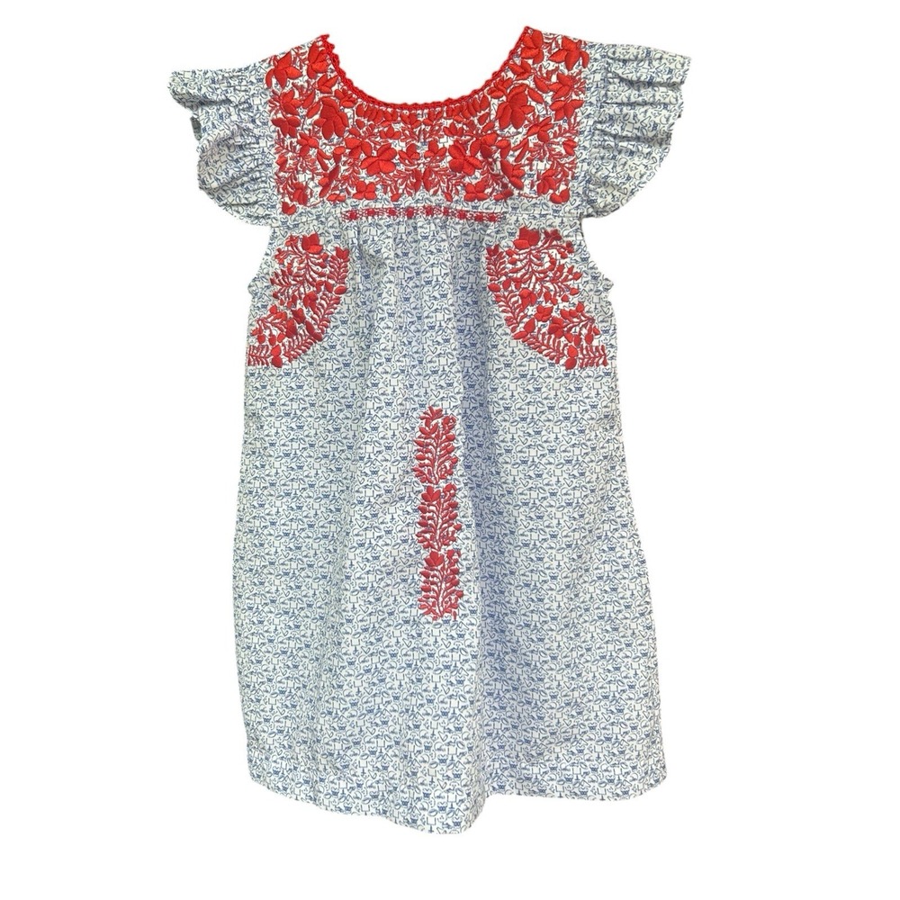 Six Honeybees Flutter Sleeve Dress Toddler 2T Red‎ White And Blue Football Print